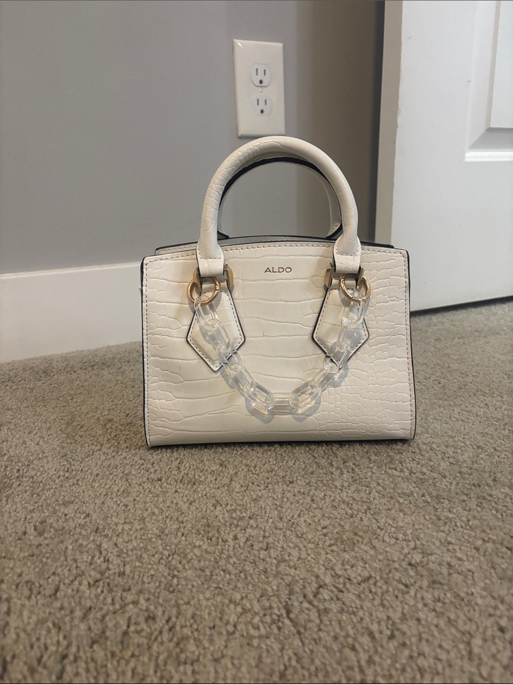 ALDO Cream Croc-Embossed Mini Satchel with Clear Chain